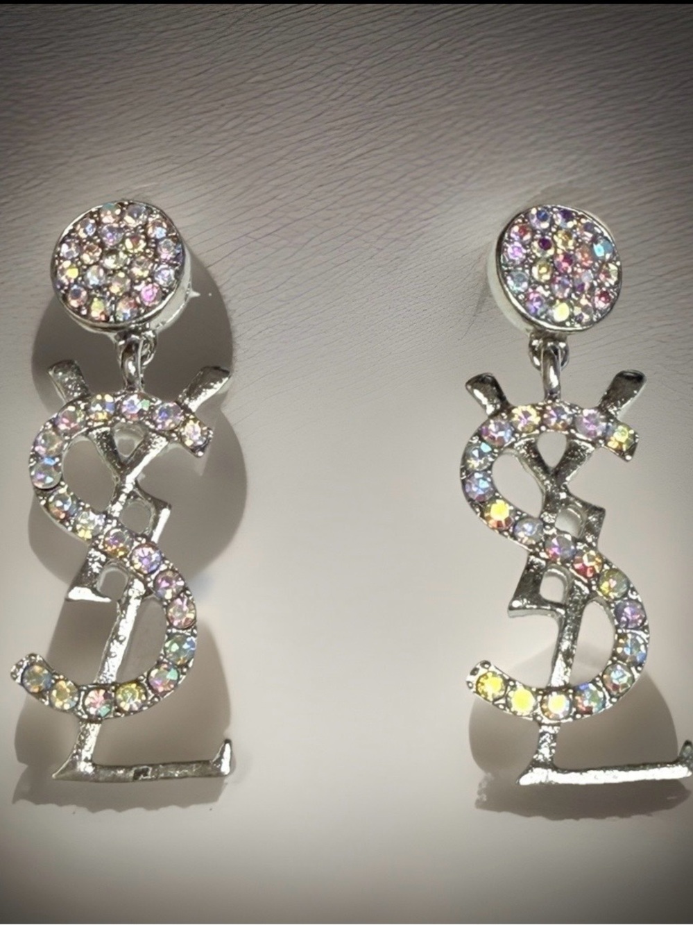 Inspired Silver Crystal Logo Drop Earrings in Multicolor